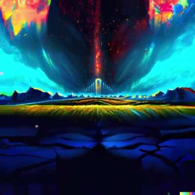 A house in the middle of a beautiful lush field with mountains in the background [65536x zoom out]