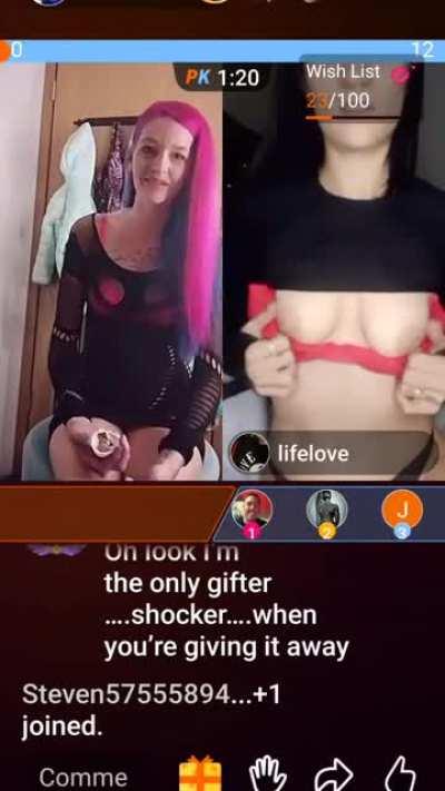 Girl on left no undies, girl on right boobs.