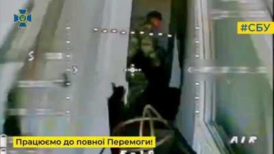 fpv hits a ruzzian soldier throw a small window gap in a residental house, Kharkiv Oblast, May 2024