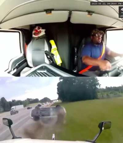 Semi goes for the double tap on a sedan