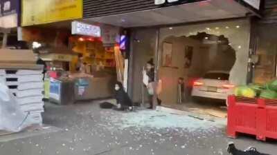 [new video. same fight. different camera angles] Three different angles from the Flushing Bakery Car Crash. The bat guy who was hit by the car can be seen talking to the police at the end. All 4 got arrested.