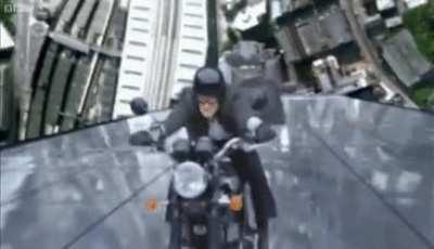 Bandit driving his bike up Tower for the MVP screen