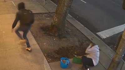 a man viciously and randomly kicks a woman planting flowers
