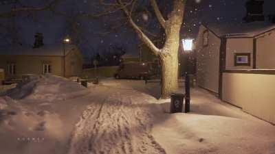 Enchanting night walk in soft snowfall, Finland
