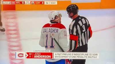 Brendan Gallagher and NHL referee Chris Schlenker arguing yesterday after the Josh Anderson penalty