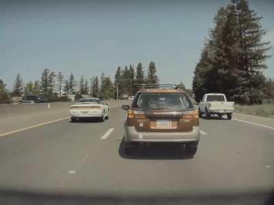 Random psycho gets upset I won’t speed in the middle lane so he can pass another car on the right. Swerved at me to try and get me to crash into a bus full of people, then brake checked me multiple times (HWY 101/Santa Rosa, CA)