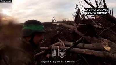 Ukrainian soldiers defending last road to Bakhmut, killing 7 russian soldiers during assault on the trench in close combat POV. [Bakhmut, April 2023] [English CC]