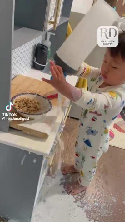 To pour milk into bowl