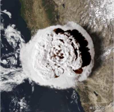 Tonga eruption vs. California for scale