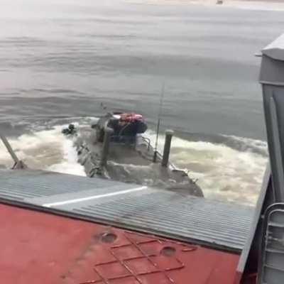 Russian Baltic Fleet Naval Infantry BTR-82 APC jumping into the seea