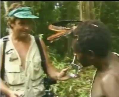 Tribe Man sees mirror for the first time