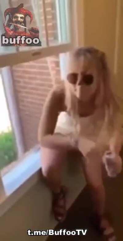 Friend takes a spill out the window