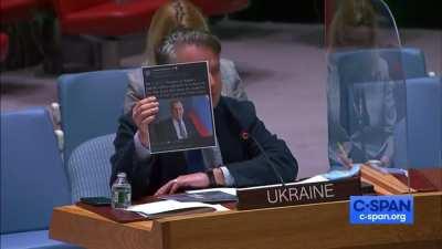 Ukrainian Ambassador displays a tweet from Russian Foreign Minister Lavrov and reminds Russian diplomats they can secure mental help assistance from the NHS by dialing 111