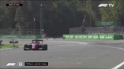 07/09/2019 Alex Peroni's F3 car hits sausage curb which causes car to fly into nearby fence. No serious injuries.