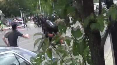 Police charge anti-fascist protestors today in Kalamazoo, MI, sprinting to tackle one demonstrator then repeatedly smashing their face into the asphalt.