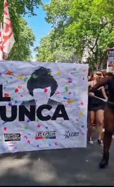 Mujer domando al Leon en marcha LGTB