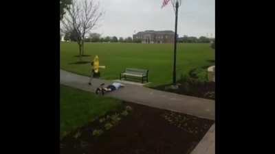 [OC] banana slips on man