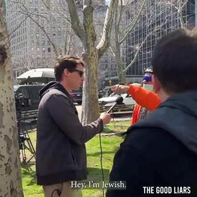 Political comedy duo The Good Liars interviewed a protester who claimed “Jews control everything”. One of the comedians happens to be a Jewish, so he used his “Jewish power” to chase the protester away.