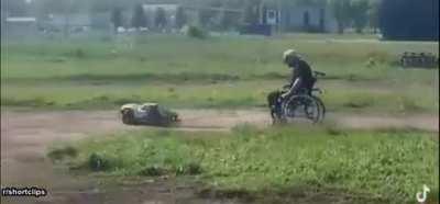 Wheelchair bound man getting yanked by a RC car