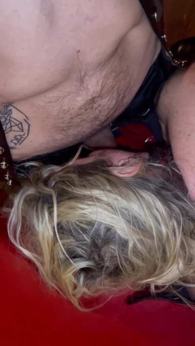 Fucking your throat while pulling the leash connected to your anal plug