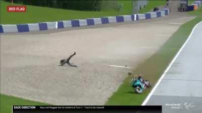 Racer Dodges TWO Crashing Motorcycles