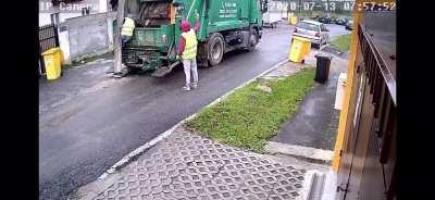 Garbage truck almost kills a worker