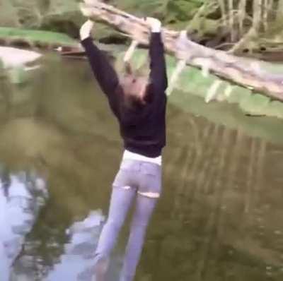 WCGW Trying to grab on to a dead tree above a creek