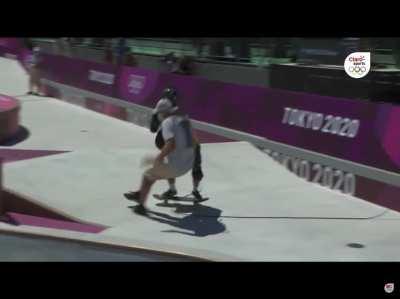 Kieran Woolley crashes into camera man at the Olympics