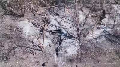 Ukrainian soldiers of the 15th NGU Brigade Kara-Dag stormed a Russian position and threw a TM-62 mine inside the enemy dugout. Kupyansk direction. April 2025