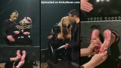 Tickling oiled soles with latex and ropes