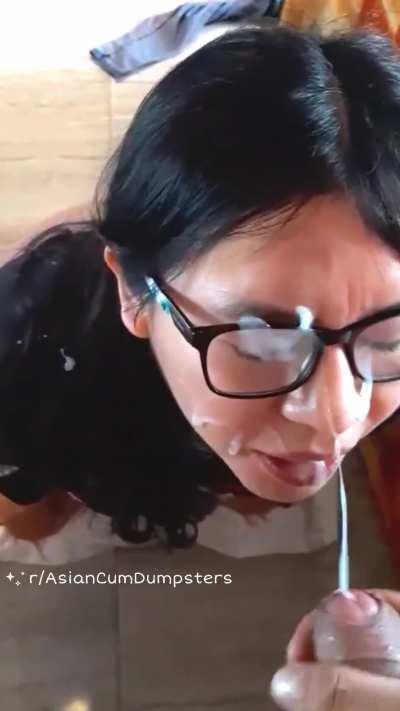 Asian Brunette in Glasses gets covered by thick & ropey massive facial 🔥🔥🔥