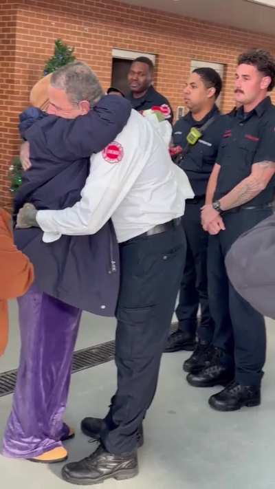Mrs. Davidson gets to meet the Chicago firefighters who rescued her from a burning building