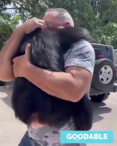 This baby chimp was born with broken ribs, had pneumonia, and was abandoned by his own mother. A human couple raised him and showed him love. this is how he reacts whenever he sees them.