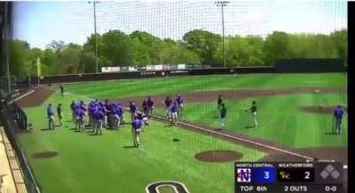Owen Woodward (Weatherford College) absolutely levels Josh Phillips (North Central Texas College) as Phillips rounds the bases after a homer 😳