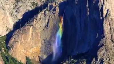 The perfect combination of sunlight and wind at the exact time created this unique 2,400-foot rainbow waterfall in the Yosemite National Park.