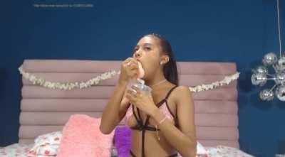 Sloppy latina playing with dildo