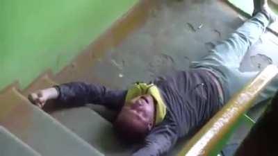 He fell down so he decided to call a demon to help him