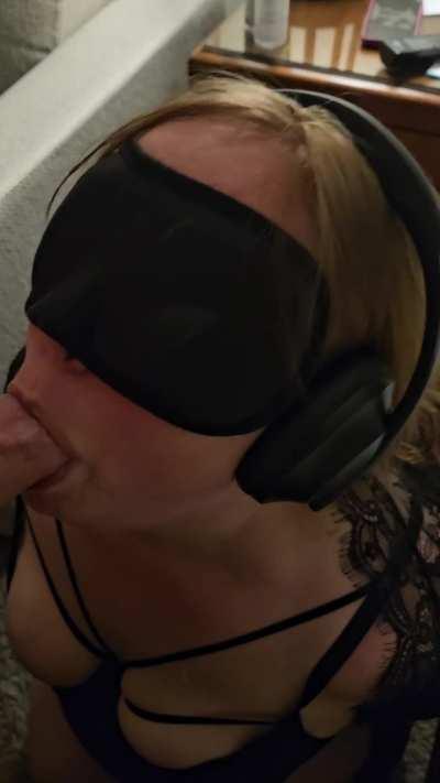 She always focuses on the task in her mouth better when she can't hear, see, or use her hands 