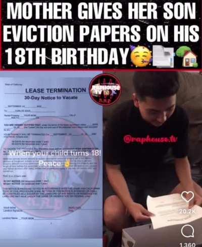 Mom gives her son eviction papers for his 18th birthday present