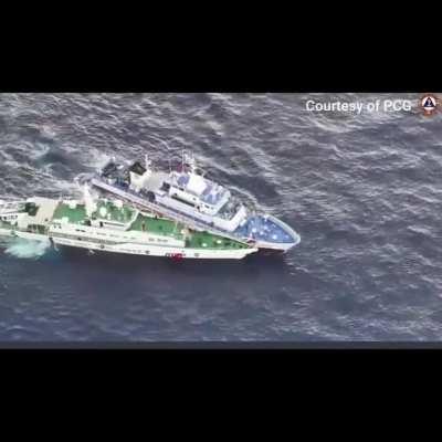 Crewmen of an Philippine Coast Guard ship frantically deploys fenders to avoid serious damage as the China Coast Guard ship blocks it's path, as the PCG leads an resupply effort to a Philippine outpost in the PH's EEZ, illegally claimed by the PRC. March 