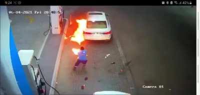 mobile card machine exploded in gas station causes fire.