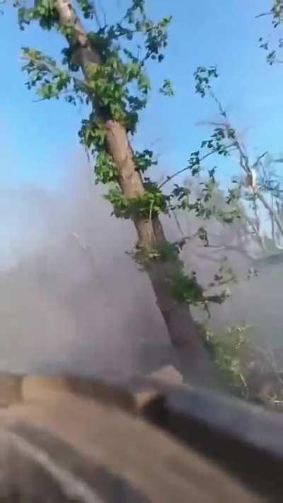RU POV: BMP-2 shoots Ukrainian position at point-blank range with 30mm 2A42 auto cannon.
