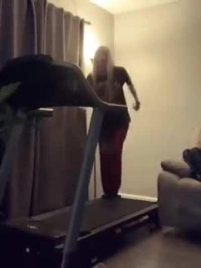 Trying to step onto fast moving treadmill.