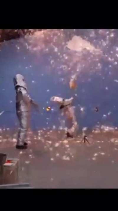 Hitting molten lava with shovel