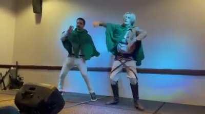 Me and my friend performing 'Backdoor' in AOT cosplays at the Sheffield anime and gaming con 17/9/23