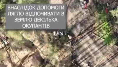 Ukrainian SOF dropping munitions from a drone on Russians in the vicinity of Severodonetsk, May 2022. Reportedly 4 enemies were killed.