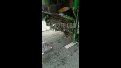 Trash man gets obliterated by flatbed.