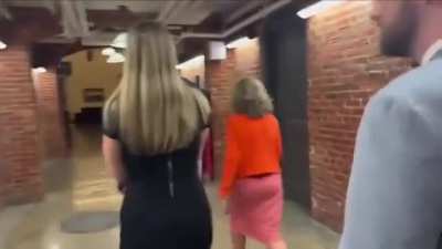 Journalist asking Sen. Marsha Blackburn about releasing Epstein files keeps being forced away by security, Blackburn ducks all questions