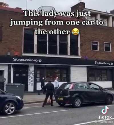 Girl jumps for one car to another and thinks there will be no consequences