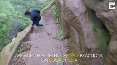 Steep, slippery trekking steps. Kalavantin Durg, Maharashtra, India
